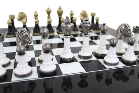 Super Glossy White & Black Lacquered Modern Wooden Chess Set