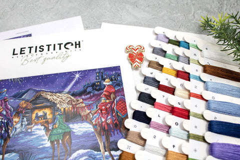 Three Kings Cross Stitch Kit, LetiStitch, 41 x 27 cm, Zweigart Aida 16ct, 100% Cotton Threads, Black Symbol Chart