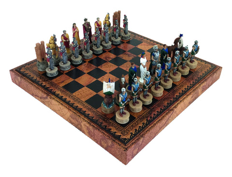 TROY BATTLE: Handpainted Chess Set with Leatherette Chessboard + Checker Set