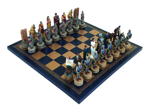 TROY BATTLE: Handpainted Chess Set with Leatherlike Chess Board