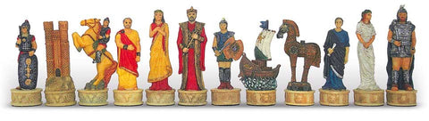 TROY BATTLE: Handpainted Chess Set with Leatherlike Chess Board