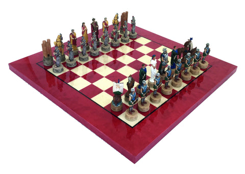 TROY BATTLE: Handpainted Chess Set with Luxurious Briar Erable Wood Chessboard