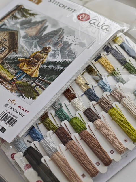 Under the Mountain Sky Cross Stitch Kit, AVA Stitch Landscape Pattern, 16 Count Aida, 57 Colors, 12.5 x 12.31 Inch Finished Size