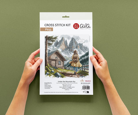 Under the Mountain Sky Cross Stitch Kit, AVA Stitch Landscape Pattern, 16 Count Aida, 57 Colors, 12.5 x 12.31 Inch Finished Size