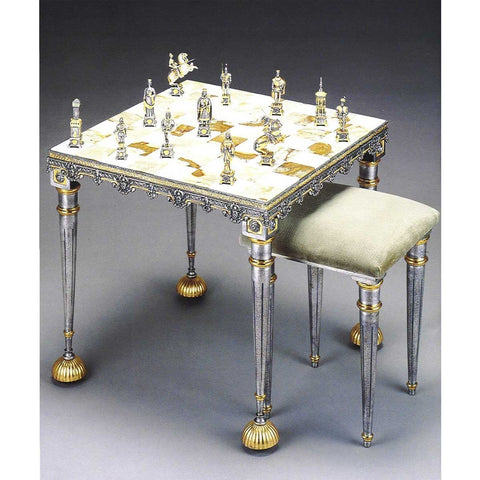 Handmade 24K Gold-Plated Bronze Chess Set with Onyx Table & Chairs, Italy