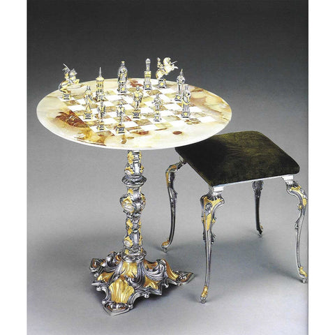Luxury Handmade 24K Gold Plated Bronze Chess Set, Onyx Table & Chairs, Italy