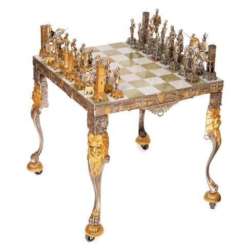 Medieval 24K Gold-Plated Bronze Chess Set with Onyx Table, Handmade Italy Custom