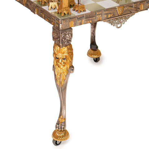 Medieval 24K Gold-Plated Bronze Chess Set with Onyx Table, Handmade Italy Custom