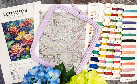 LetiStitch Water Lily Cross Stitch Kit, 23 x 29 cm, Zweigart Aida 16ct, 100% Cotton Threads, DMC Gold, Black Symbol Chart