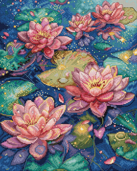 LetiStitch Water Lily Cross Stitch Kit, 23 x 29 cm, Zweigart Aida 16ct, 100% Cotton Threads, DMC Gold, Black Symbol Chart