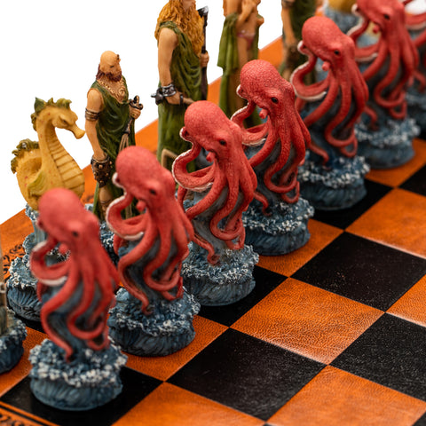 WATER vs FIRE: Beautiful Handpainted Chess with Quality Leatherette Chessboard