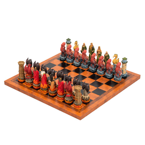 WATER vs FIRE: Beautiful Handpainted Chess with Quality Leatherette Chessboard