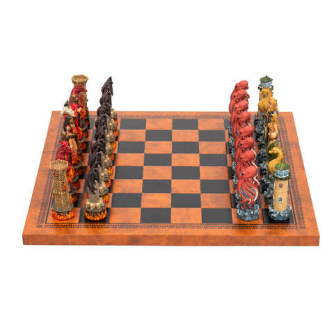 WATER vs FIRE: Beautiful Handpainted Chess with Quality Leatherette Chessboard