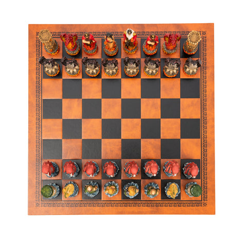 WATER vs FIRE: Beautiful Handpainted Chess with Quality Leatherette Chessboard