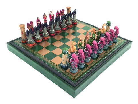 WATER vs FIRE: Handpainted Chess with Quality Leatherette Chessboard & Box + Checker Set