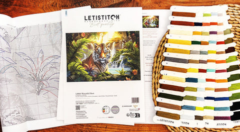 LetiStitch Waterfall Rest Cross Stitch Kit, 40 x 27 cm, Zweigart Aida 16ct, 100% Anchor Cotton Thread, Black Symbol Chart