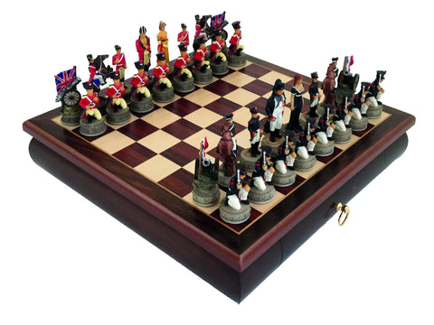 WATERLOO BATTLE: Handpainted Chess Set with RARE Wood Chessboard