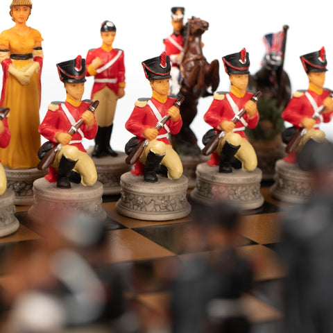 WATERLOO BATTLE: Handpainted Chess Set with RARE Wood Chessboard