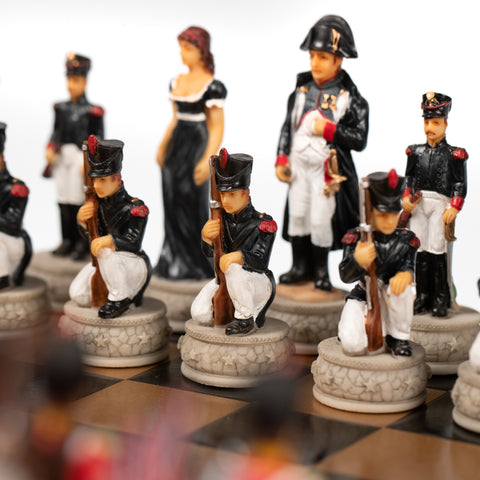 WATERLOO BATTLE: Handpainted Chess Set with RARE Wood Chessboard