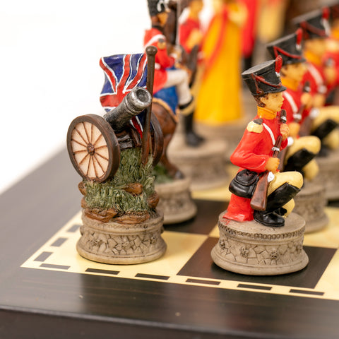 WATERLOO BATTLE: Handpainted Chess Set with Wooden Ebony Style Chessboard