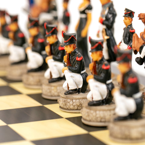 WATERLOO BATTLE: Handpainted Chess Set with Wooden Ebony Style Chessboard