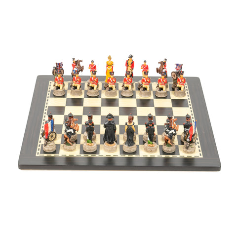 WATERLOO BATTLE: Handpainted Chess Set with Wooden Ebony Style Chessboard