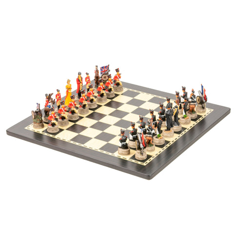 WATERLOO BATTLE: Handpainted Chess Set with Wooden Ebony Style Chessboard