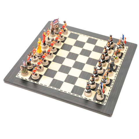 WATERLOO BATTLE: Handpainted Chess Set with Wooden Ebony Style Chessboard