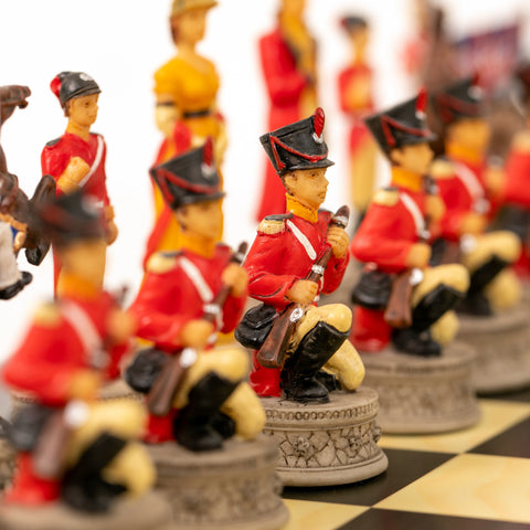 WATERLOO BATTLE: Handpainted Chess Set with Wooden Ebony Style Chessboard