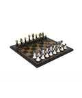 White & Black Lacquered Wooden Chess Set with Gold/Black Leatherette Chessboard