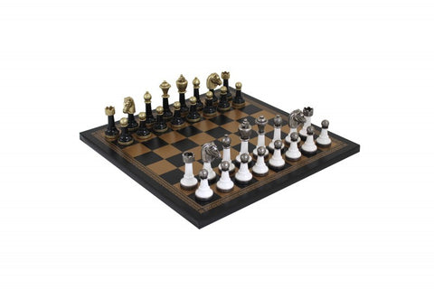 White & Black Lacquered Wooden Chess Set with Gold/Black Leatherette Chessboard