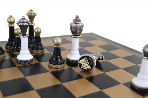 White & Black Lacquered Wooden Chess Set with Gold/Black Leatherette Chessboard