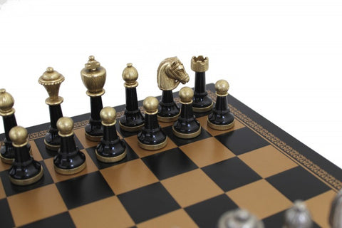 White & Black Lacquered Wooden Chess Set with Gold/Black Leatherette Chessboard