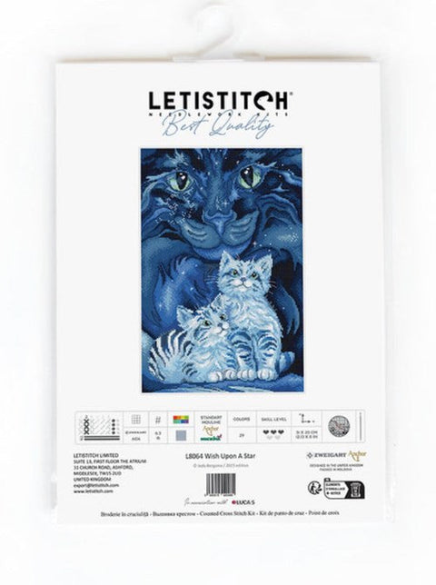 Cross Stitch Embroidery Kit Wish Upon a Star, LetiStitch, 31x20 cm, Zweigart Aida 16ct, Anchor Cotton Threads, Metallic Thread