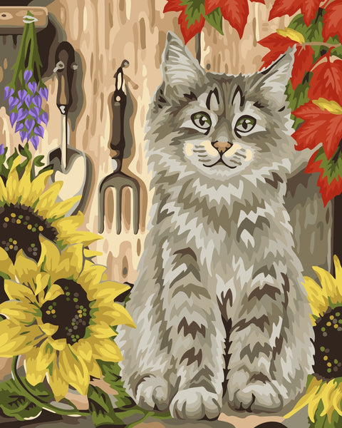 Wizardi Painting by Numbers Kit Kitten and Sunflowers 40x50 cm H058