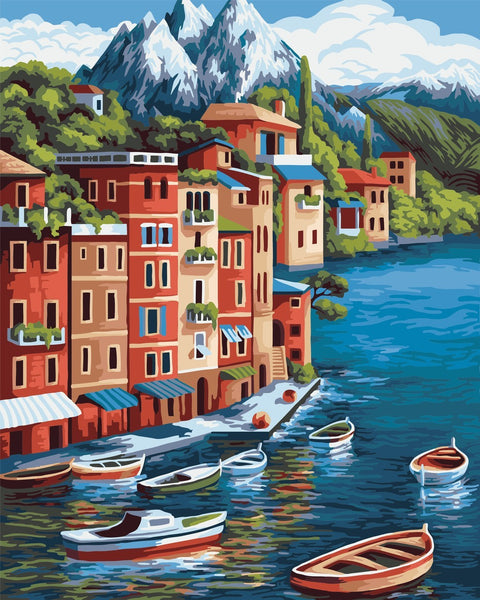 Wizardi Painting by Numbers Kit Mountain Town 40x50 cm A100