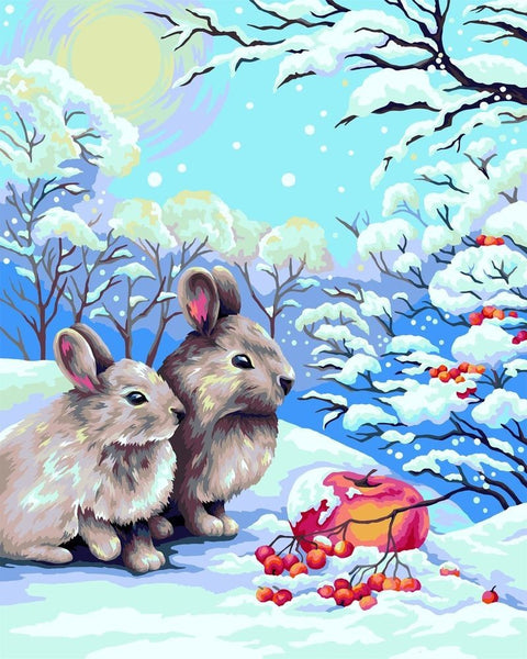 Wizardi Painting by Numbers Kit Rabbits in Winter Forest 40x50 cm L018