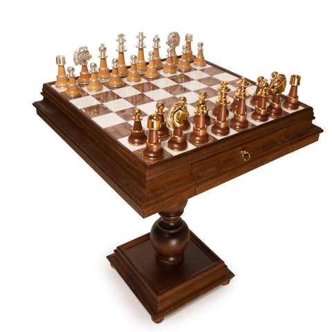 Wooden Chess Table with Beautiful Alabaster Top and Gold/Silver Coated Chess Set