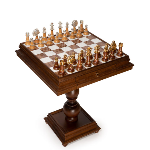 Wooden Chess Table with Beautiful Alabaster Top and Gold/Silver Coated Chess Set