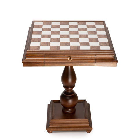 Wooden Chess Table with Beautiful Alabaster Top and Gold/Silver Coated Chess Set