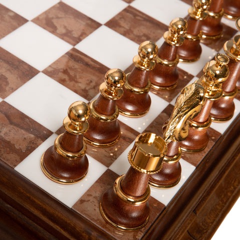 Wooden Chess Table with Beautiful Alabaster Top and Gold/Silver Coated Chess Set