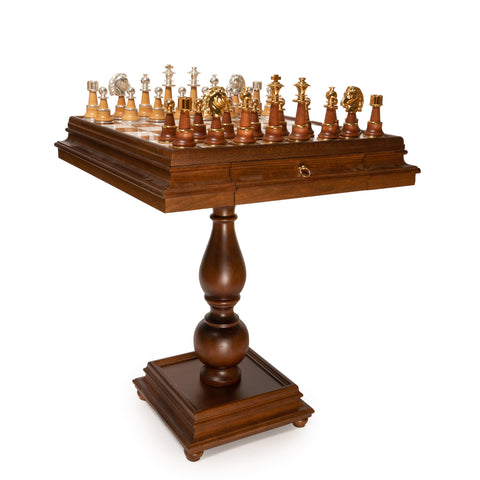 Wooden Chess Table with Beautiful Alabaster Top and Gold/Silver Coated Chess Set