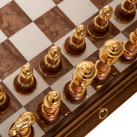 Wooden Chess Table with Beautiful Alabaster Top and Gold/Silver Coated Chess Set