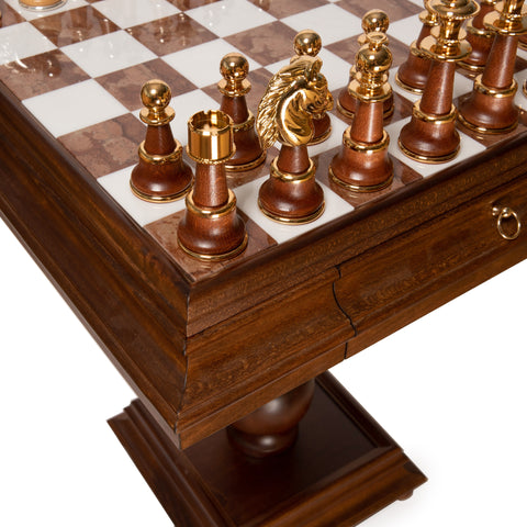 Wooden Chess Table with Beautiful Alabaster Top and Gold/Silver Coated Chess Set