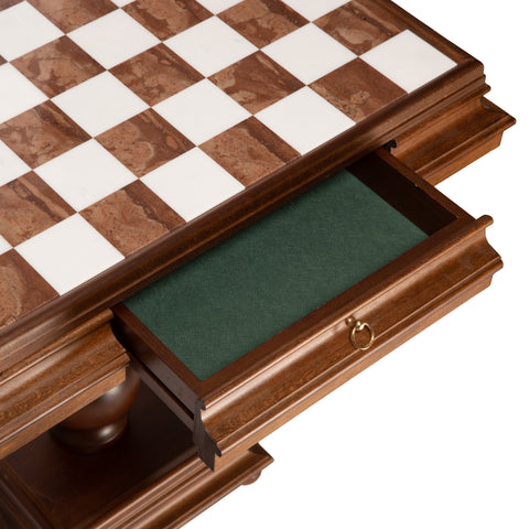 Wooden Chess Table with Beautiful Alabaster Top and Gold/Silver Coated Chess Set