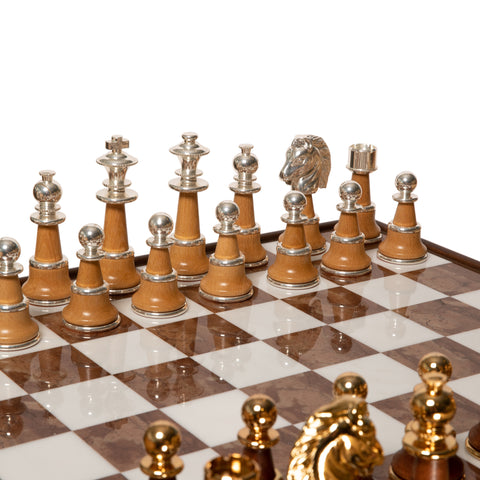 Wooden Chess Table with Beautiful Alabaster Top and Gold/Silver Coated Chess Set