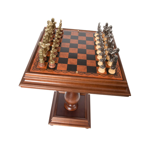 Wooden Chess Table with Leatherlike Top and Beautiful Chess Set