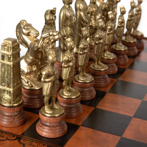 Wooden Chess Table with Leatherlike Top and Beautiful Chess Set