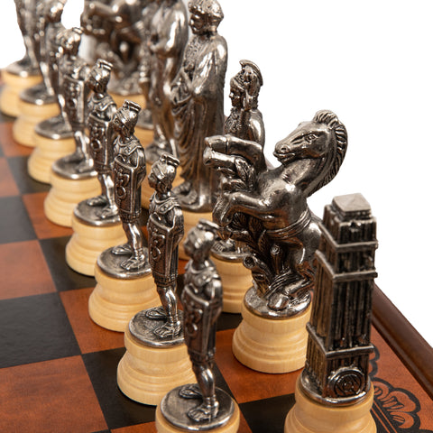 Wooden Chess Table with Leatherlike Top and Beautiful Chess Set