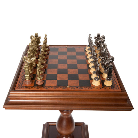 Wooden Chess Table with Leatherlike Top and Beautiful Chess Set